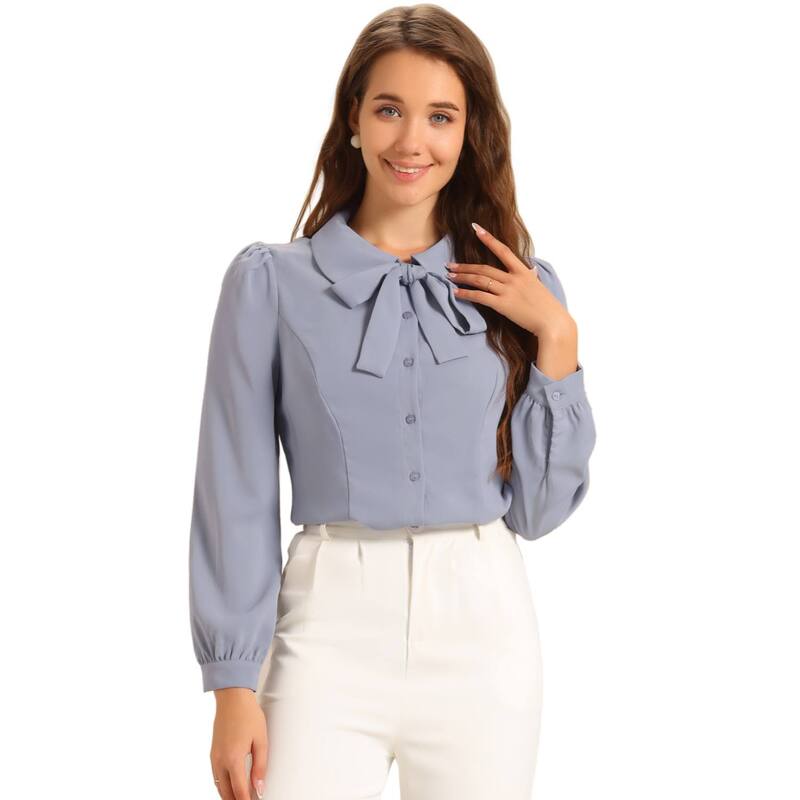 アレグラ ケー レディース トップス シャツ ボタンダウン ブラウス ALLEGRA K Women's Button Down Shirt Peter Pan Collar Tie Neck Workwear Blouses Light Gray グレー