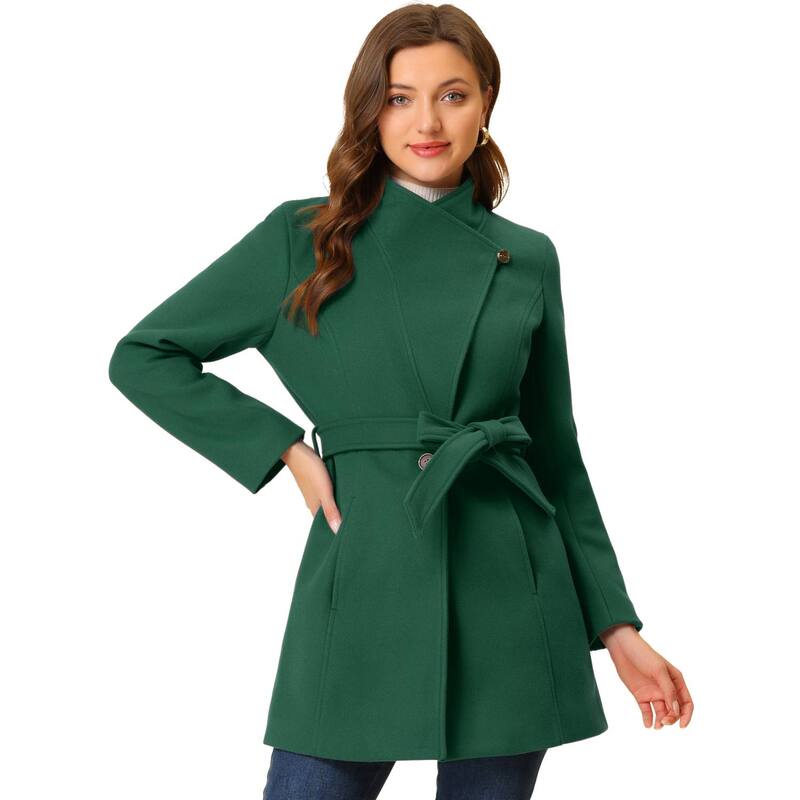 アレグラ ケー レディース アウター 上衣・上衣 厚地の外套 ALLEGRA K Women\u0027stand Collar Tie Waist Winter Classic Long Trenchcoat Green 緑であること