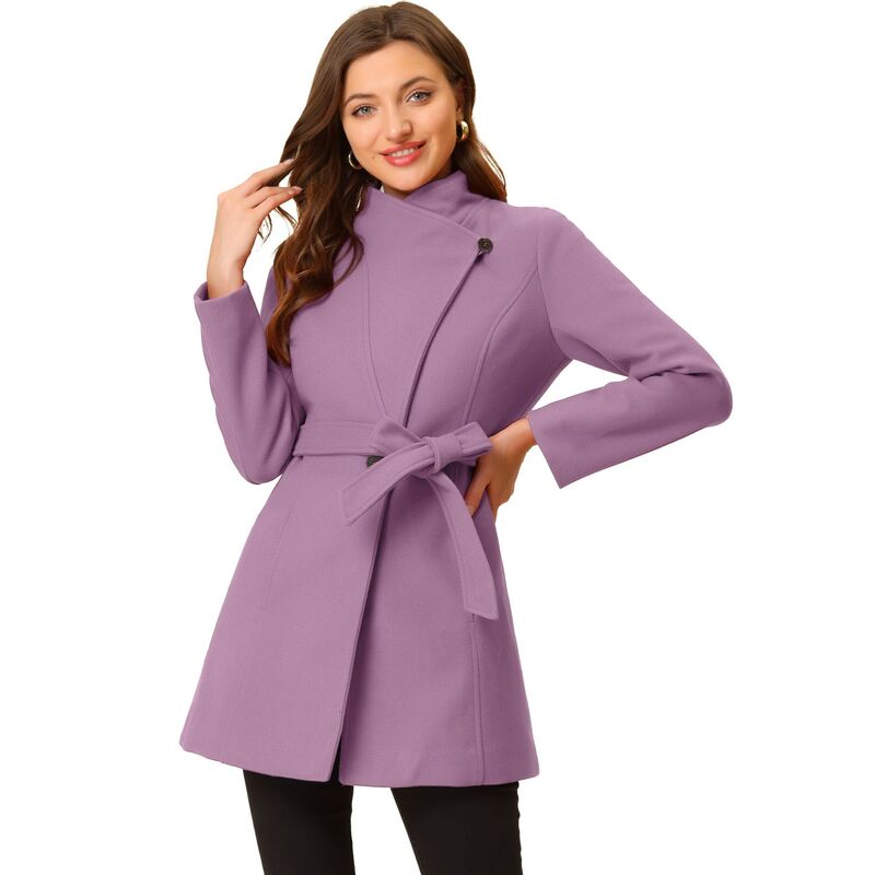 アレグラ ケー レディース アウター 上衣・上衣 厚地の外套 ALLEGRA K Women\u0027stand Collar Tie Waist Winter Classic Long Trenchcoat Light Purple パープル
