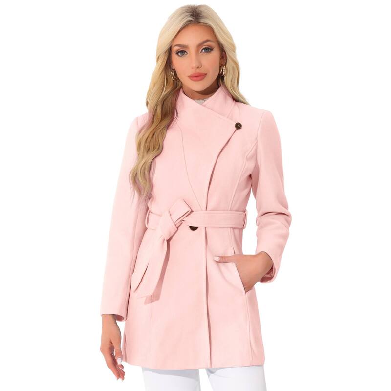 アレグラ ケー レディース アウター 上衣・上衣 厚地の外套 ALLEGRA K Women\u0027stand Collar Tie Waist Winter Classic Long Trenchcoat Pink サクラ色