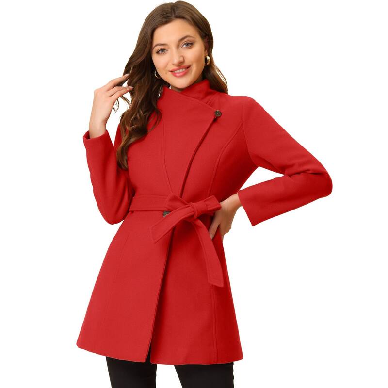 アレグラ ケー レディース アウター 上衣・上衣 厚地の外套 ALLEGRA K Women\u0027stand Collar Tie Waist Winter Classic Long Trenchcoat Red 赤いこと