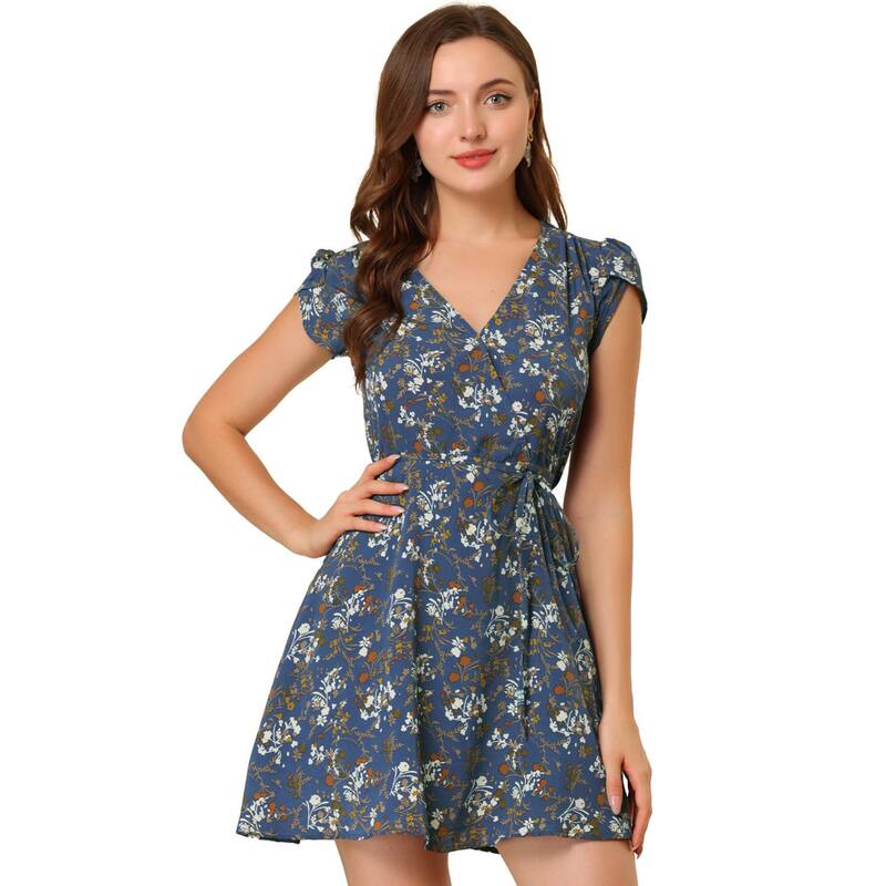 アレグラ ケー レディース トップス ワンピース Vネック フラワー柄 フラワー ALLEGRA K Women's Floral Crossover V Neck Petal Sleeves Beltedress Blue Flower ブルー｜ReVida 店