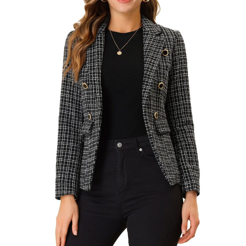 アレグラ ケー レディース アウター ジャケット・ブルゾン ツイード ブレザー ALLEGRA K Women's Notched Lapelong Sleeve Open Front Plaid Tweed Blazer Black ブラック