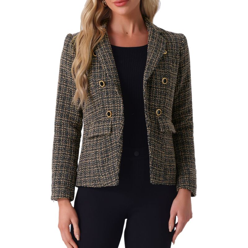 アレグラ ケー レディース アウター ジャケット・ブルゾン ツイード ブレザー ALLEGRA K Women's Notched Lapelong Sleeve Open Front Plaid Tweed Blazer Khaki Black ブラック