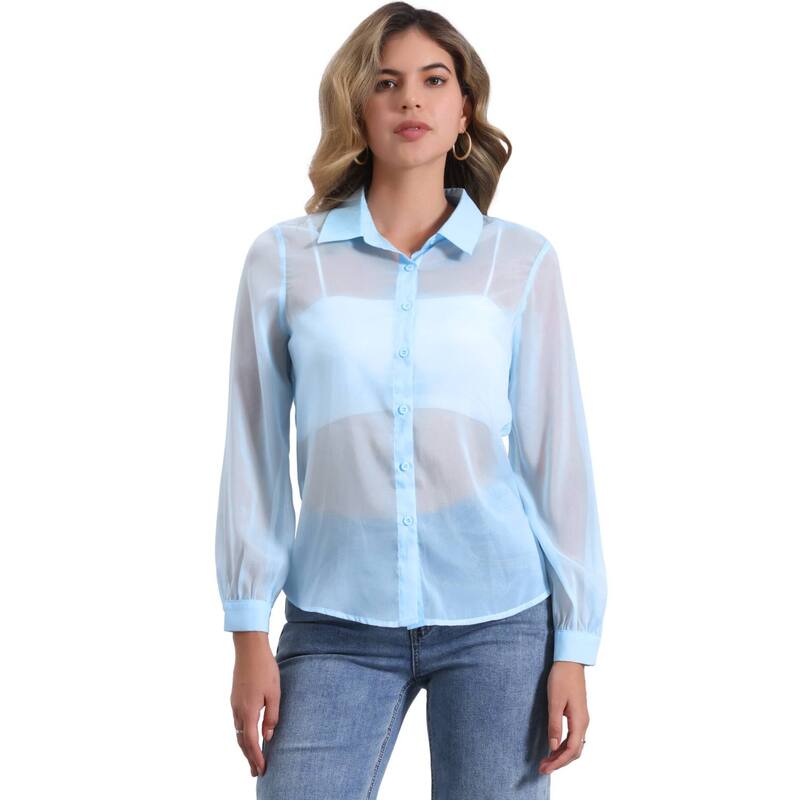アレグラ ケー レディース トップス シャツ ボタンダウン メッシュ シアー ダウン ALLEGRA K Women's Mesheer Tops Point Collar Long Sleeve Button Down Shirt Light Blue ブルー