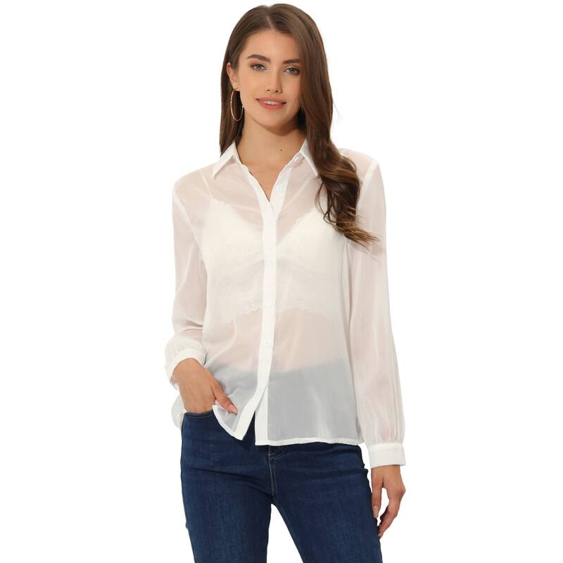 アレグラ ケー レディース トップス シャツ ボタンダウン メッシュ シアー ダウン ALLEGRA K Women's Mesheer Tops Point Collar Long Sleeve Button Down Shirt White ホワイト