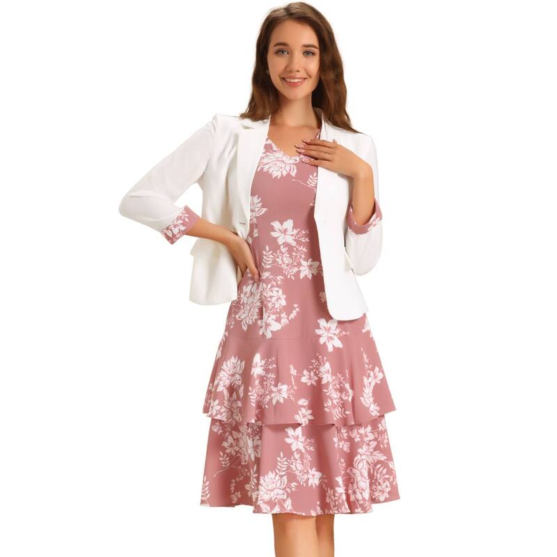 アレグラ ケー レディース トップス 衣装 Vのど首 シフォン 刷り上げる 対比 上衣 ALLEGRA K Women\u0027s Work Bow Print 2pc Sets Chiffon V Neck Contrast Panel Jacket Dress White Pink 白いこと ワンピース-レディースファッション