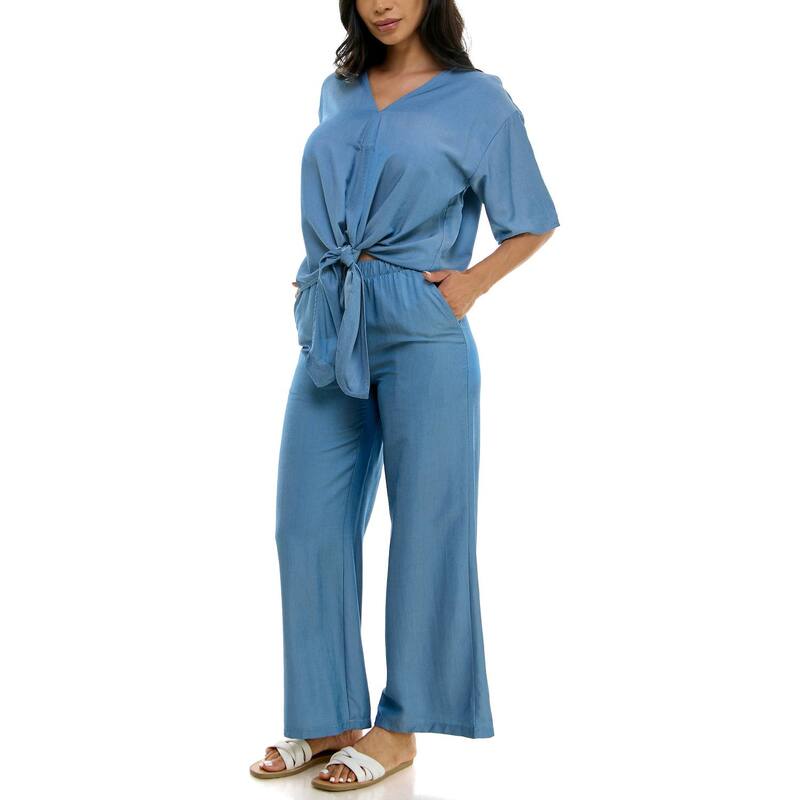 ニナレオナルド レディース トップス ワンピース ワイドレッグ Women's Nina Leonard Tie Waistop And Wide Leg Pant Set Mid Blue ブルー