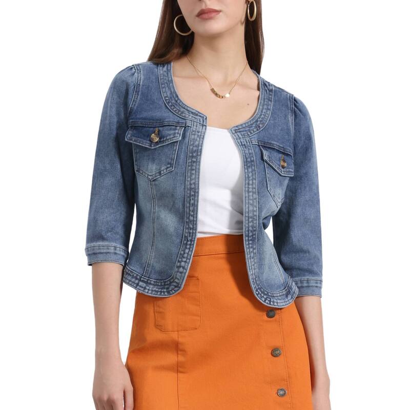 アレグラ ケー レディース アウター 上衣・上衣 ジーンズ ALLEGRA K Women\u0027s Jean Jacket Collarless 3/4 Sleeve Denim Jackets Washed Blue 青色 コート・ジャケット-レディースファッション