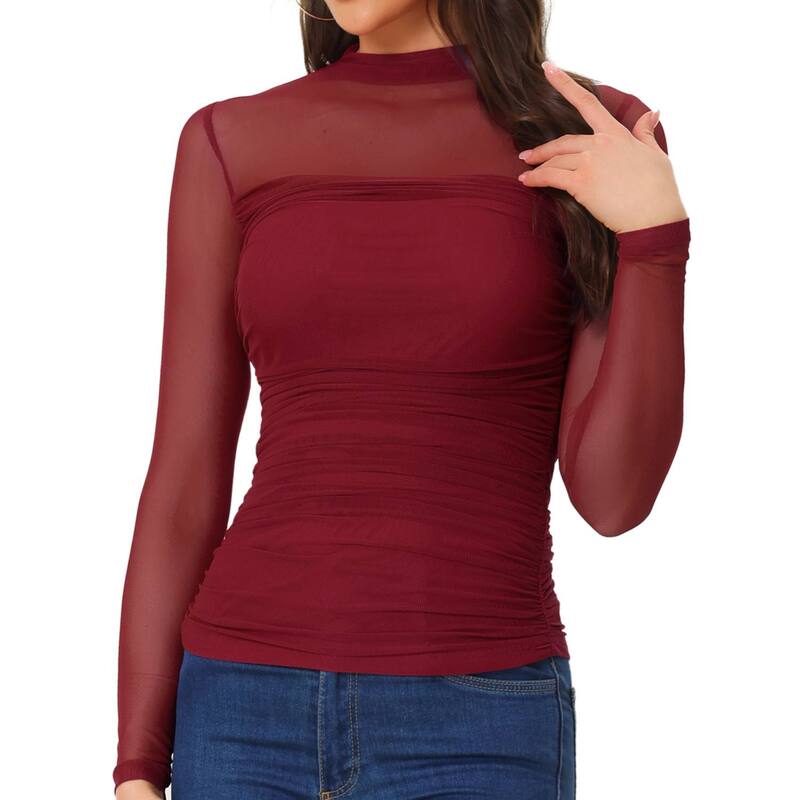 アレグラ ケー レディース トップス シャツ モックネック メッシュ シアー ALLEGRA K Mesh Top for Women'solid Long Sleeve Mock Neck Sheer Panel with Side Shirring Red レッド|ReVida 店