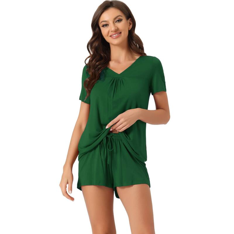 cheibear レディース アンダーウェア ナイトウェア Vネック ショートパンツ cheibear Women's Lounge Outfits Casual V-neck Shortsleeves Tops With Shorts Pajama Sets Green グリーン