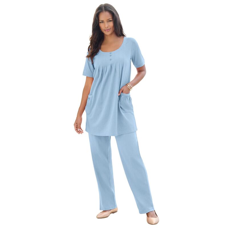 ロアマンズ レディース トップス Tシャツ プラスサイズ ニット Roaman's Women's Plusize Two Pocket Soft Knit Swing Tunic Pale Blue ブルー｜ReVida 店 10,345円