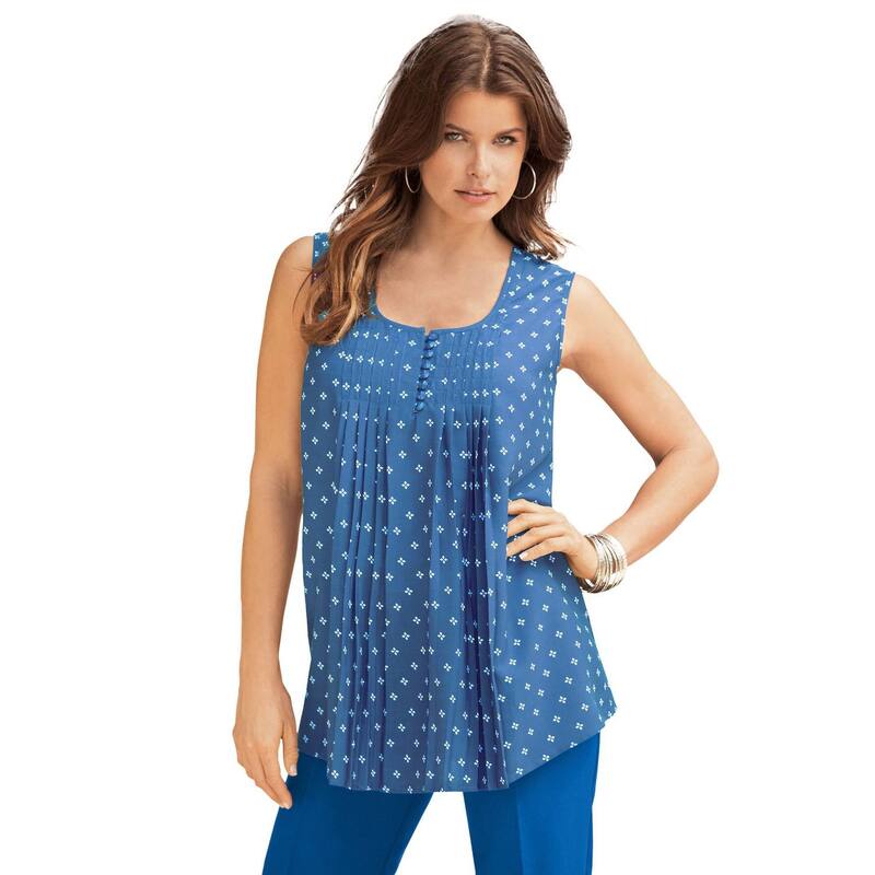 ロアマンズ レディース トップス Tシャツ プラスサイズ プリーツ Roaman's Women's Plusize Pleated Tank Blue White Medallion ホワイト