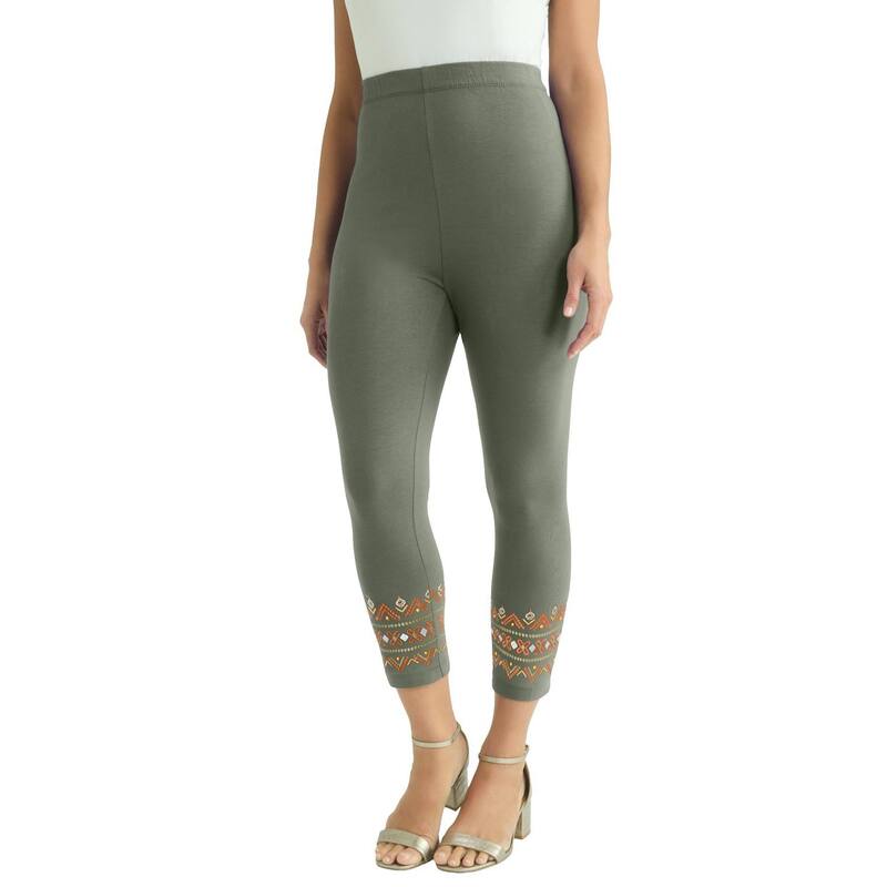 ジェシカロンドン レディース ボトムス カジュアルパンツ プラスサイズ コットン キャップ Jessica London Women's Plusizeveryday Stretch Cotton Capri Legging Olive Green Geo Studs グリーン｜ReVida 店