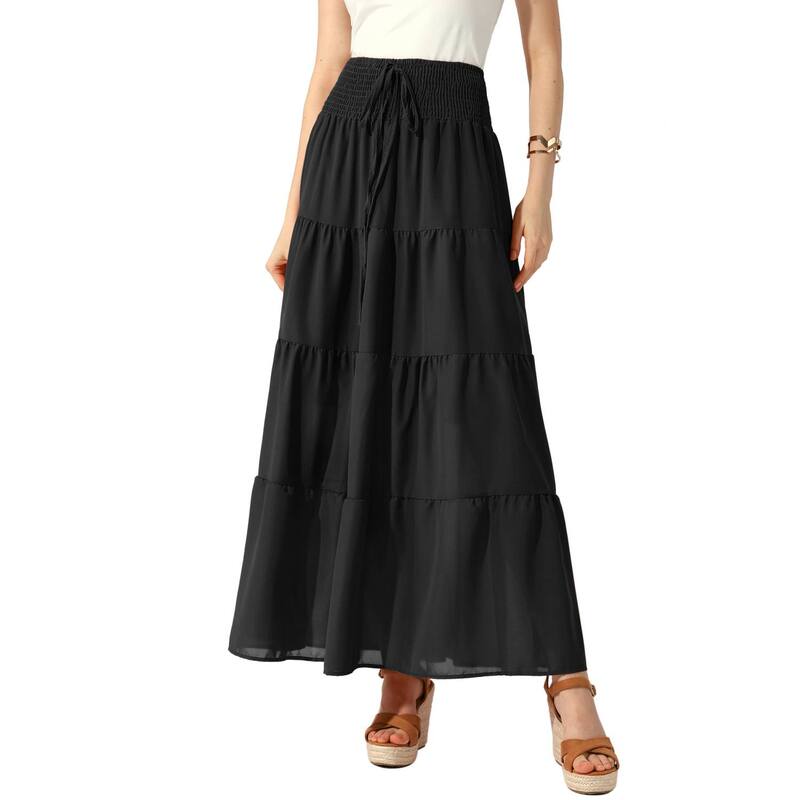 アレグラ ケー レディース ボトムスカート ティアード A ライン シャーリング マキシ ALLEGRA K Women's Boho Skirtsummer Smocked Elastic Waistiered A-line Beach Maxi Skirt Black ブラック｜ReVida 店 8,345円