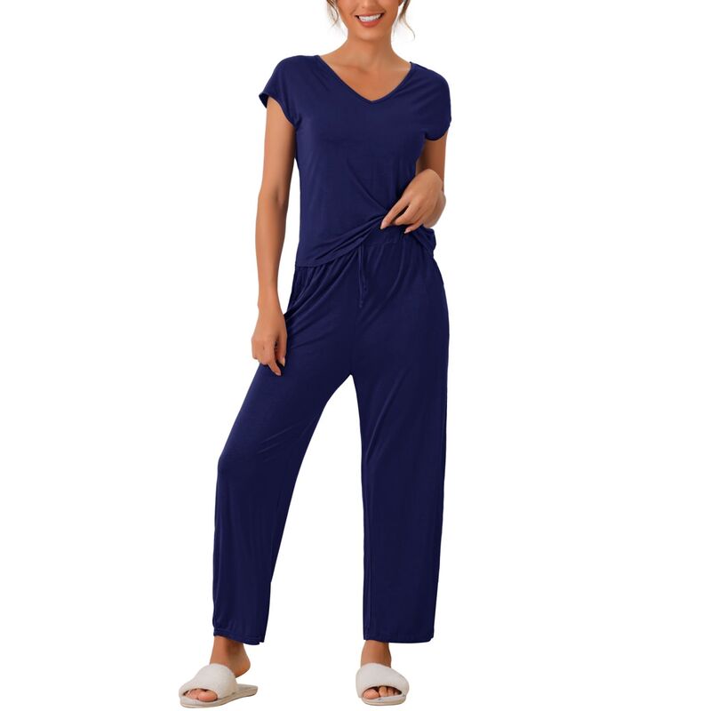 cheibear レディース アンダーウェア ナイトウェア パンツ cheibear Womenshort Sleeve Modal Casual Set Pajama 2 Piece Loungewear Long Pantsweatsuit Navy Blue ネイビー