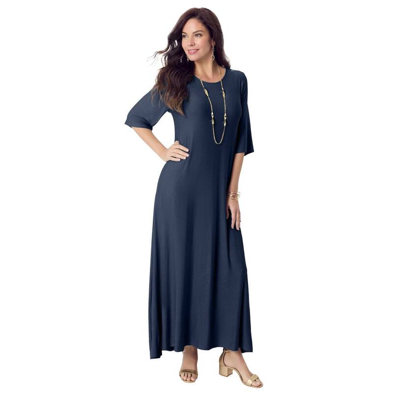 ロアマンズ レディース トップス ワンピース プラスサイズ ニット マキシ Roaman's Women's Plusize Stretch Knit High Low Short Sleeve Maxi Dress Navy ネイビー