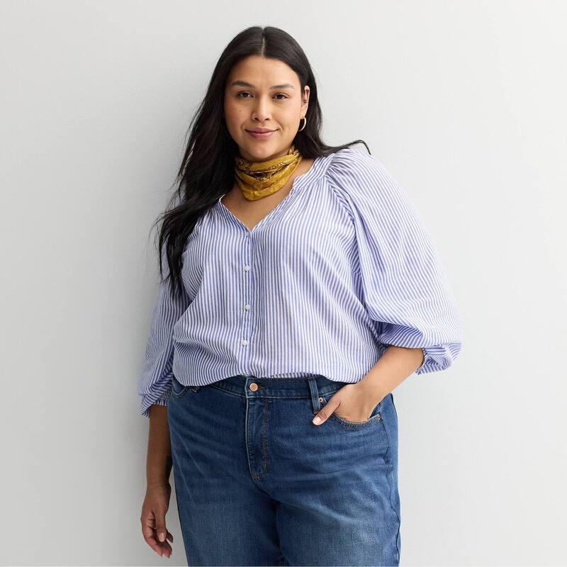 ソノマ レディース トップス プルオーバー V素っ首 つけ加える大きさ Plusize Sonoma Goods For Life V-Neck Button Front Long sleeve Top Bluecru Stripe エクリュ