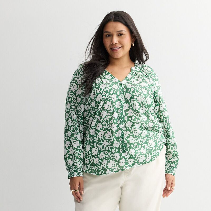 ソノマ レディース トップス プルオーバー V素っ首 つけ加える大きさ Plusize Sonoma Goods For Life V-Neck Button Front Long sleeve Top Green Jade Floral 緑であること