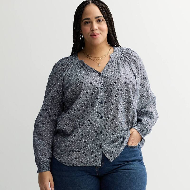 ソノマ レディース トップス プルオーバー V素っ首 つけ加える大きさ Plusize Sonoma Goods For Life V-Neck Button Front Long sleeve Top Navy Floral Check 米国海軍