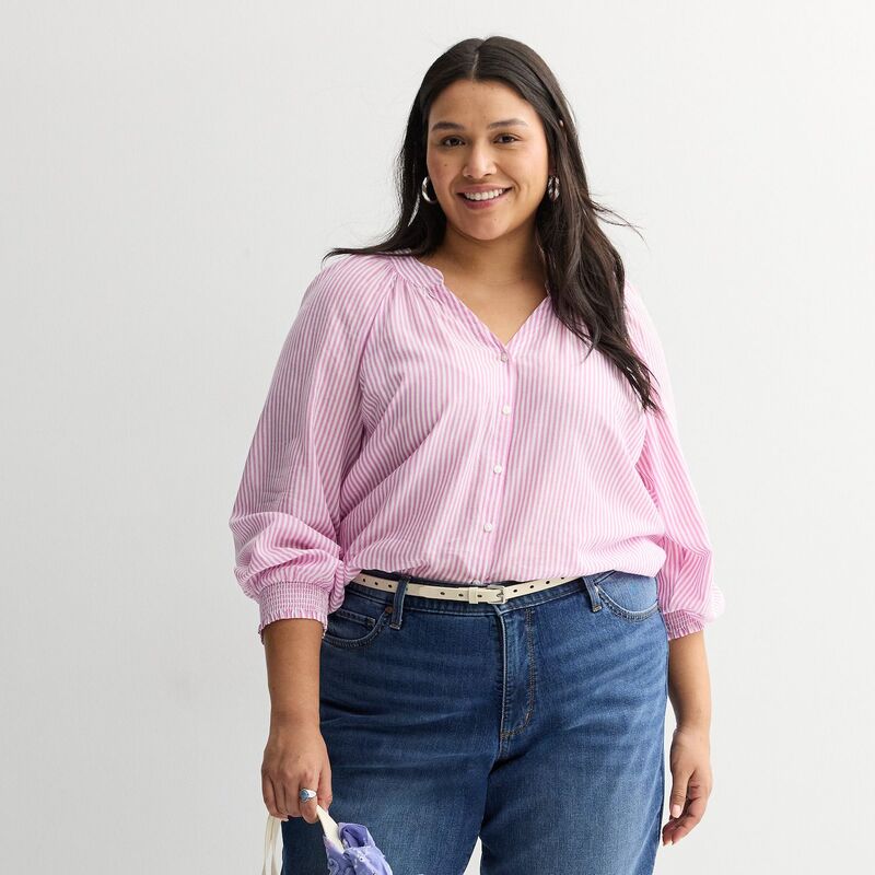 ソノマ レディース トップス プルオーバー V素っ首 つけ加える大きさ Plusize Sonoma Goods For Life V-Neck Button Front Long sleeve Topink Ecru Stripe エクリュ