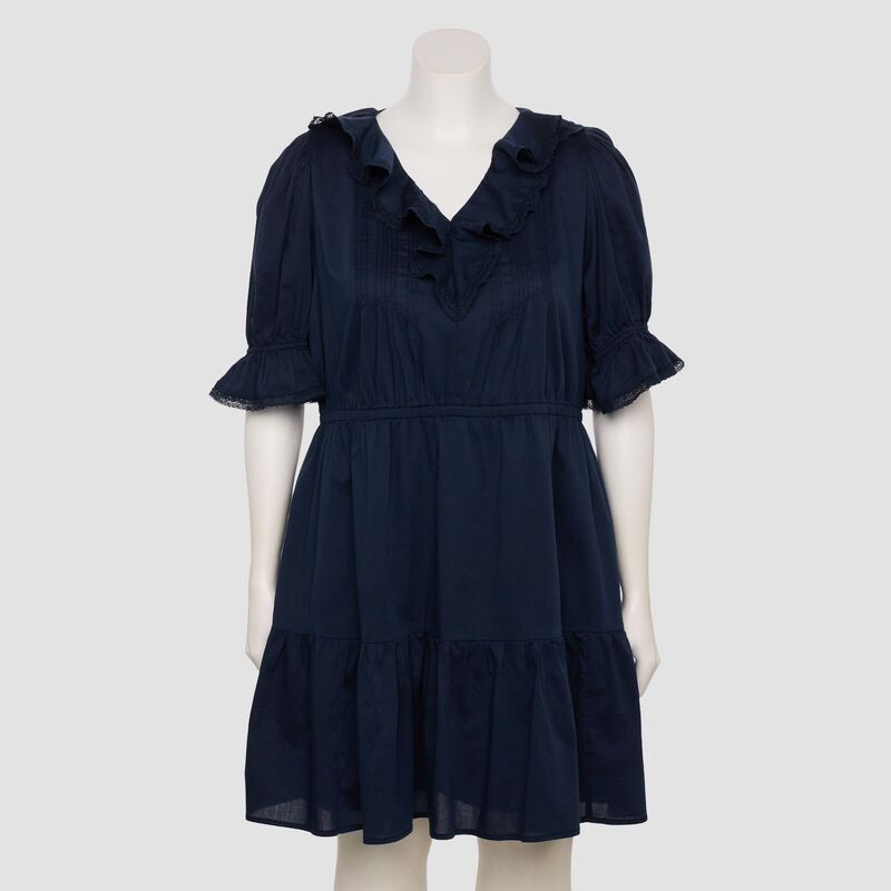 LC Lauren Conrad レディース トップス ワンピース プラスサイズ フリル ミニ Plusize LC Lauren Conrad Ruffle Front Pintuck Mini Dress Navy Water ネイビー