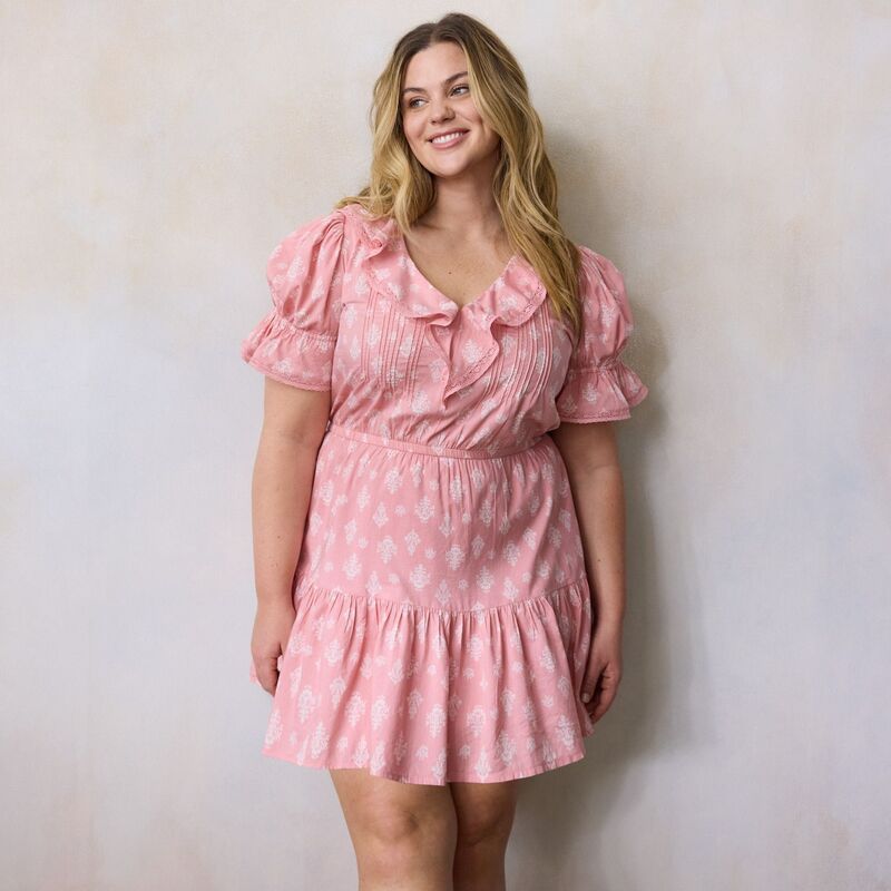 LC Lauren Conrad レディース トップス ワンピース プラスサイズ フリル ミニ Plusize LC Lauren Conrad Ruffle Front Pintuck Mini Dress Pink Payton Stamp ピンク
