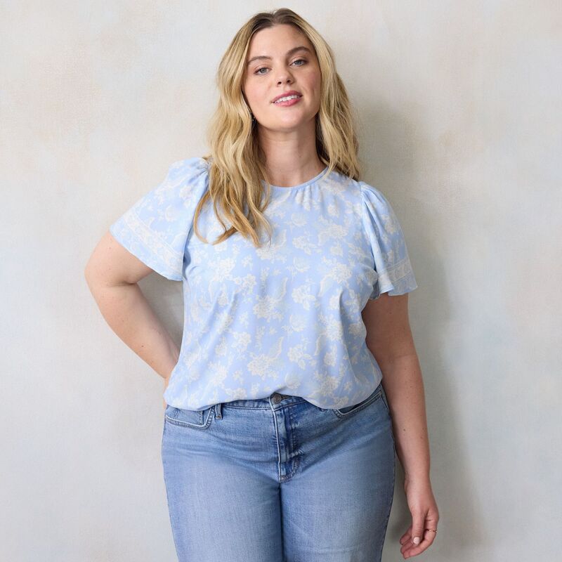 LC Lauren Conrad レディース トップス プルオーバー つけ加える大きさ トップ Plusize LC Lauren Conrad Bell Sleeve Blouse Blue Paisley Border 青み