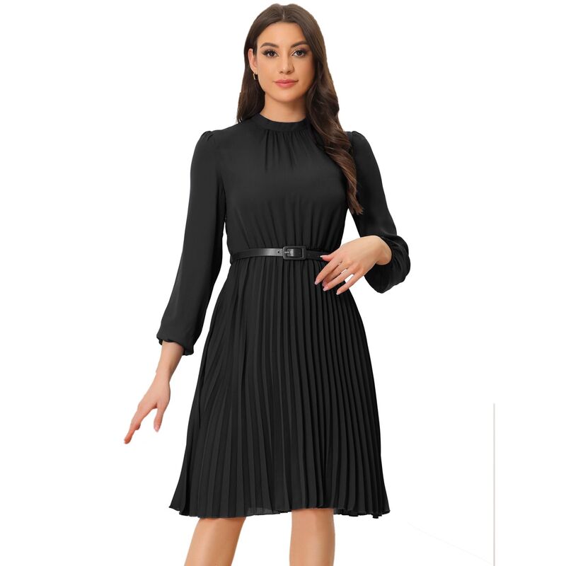 アレグラ ケー レディース トップス ワンピース プリーツ ミディ シャツ ALLEGRA K Women's Work Shirt Dress Long Sleeve Pleated Midi Dresses Black ブラック｜ReVida 店