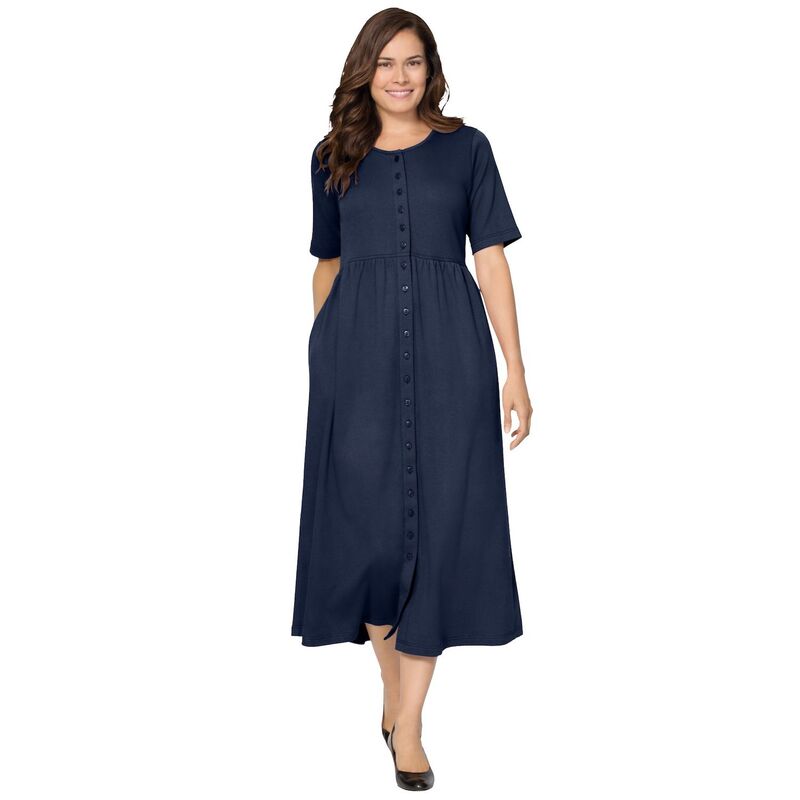 ウーマン ウィズイン レディース トップス ワンピース プラスサイズ プチ Woman Within Plusize Petite Button-Front Essential Dress Navy ネイビー|ReVida 店