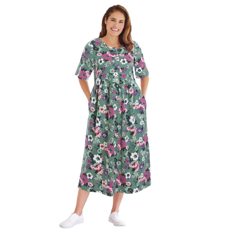 ウーマン ウィズイン レディース トップス ワンピース プラスサイズ プチ Woman Within Plusize Petite Button-Front Essential Dress Pine Multi Garden マルチカラー｜ReVida 店