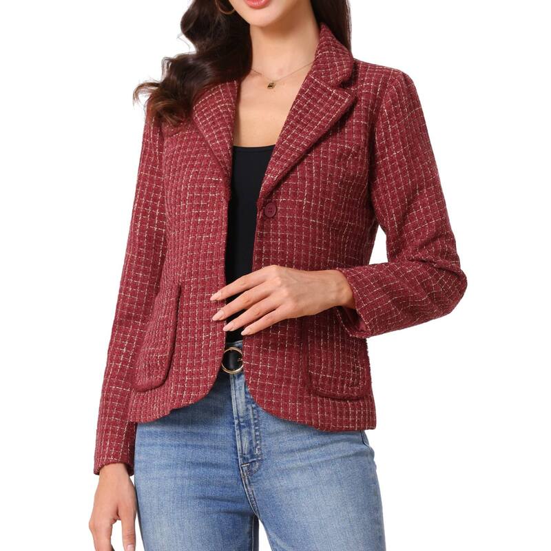 アレグラ ケー レディース アウター ジャケット・ブルゾン ツイード ブレザー ALLEGRA K Plaid Tweed Jacket For Women\'s Notch Lapel Button Elegant Long Sleeve Blazer Jackets Dark Red レッド｜ReVida 店