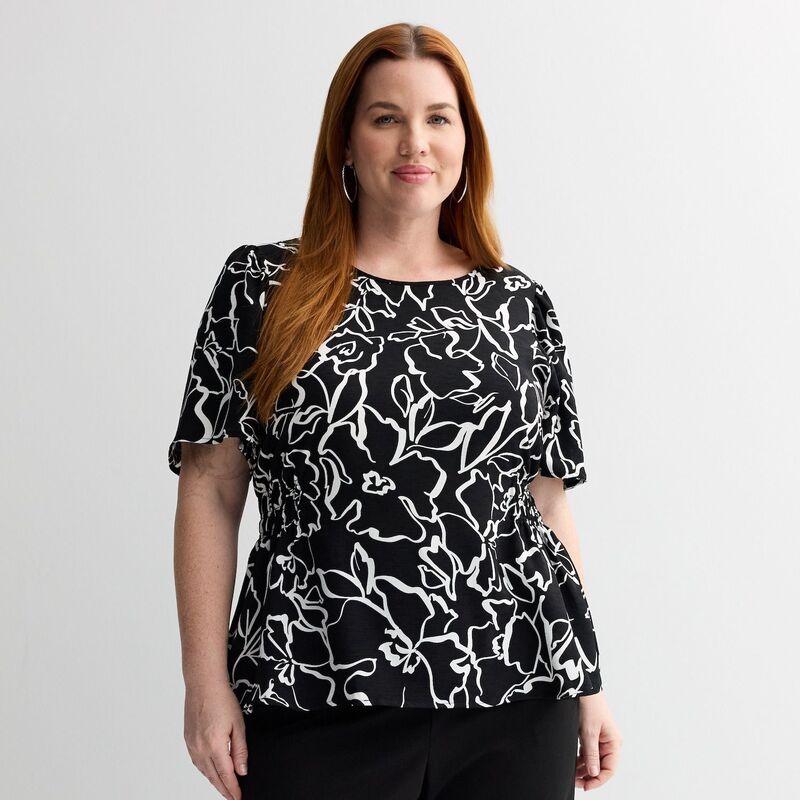ナインウェスト レディース トップス プルオーバー つけ加える大きさ トップ Plusize Nine West Cinched Flutter Sleeve Blouse Black Josefina Floral 黒いこと