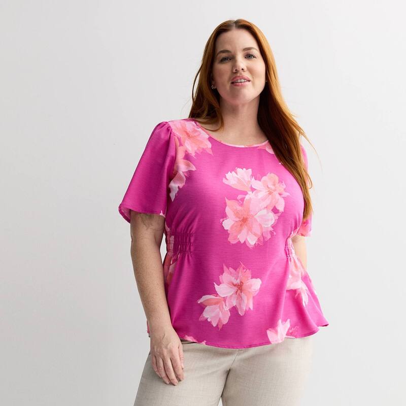 ナインウェスト レディース トップス プルオーバー つけ加える大きさ トップ Plusize Nine West Cinched Flutter Sleeve Blouse Fuchsianita Blooms フューシャ