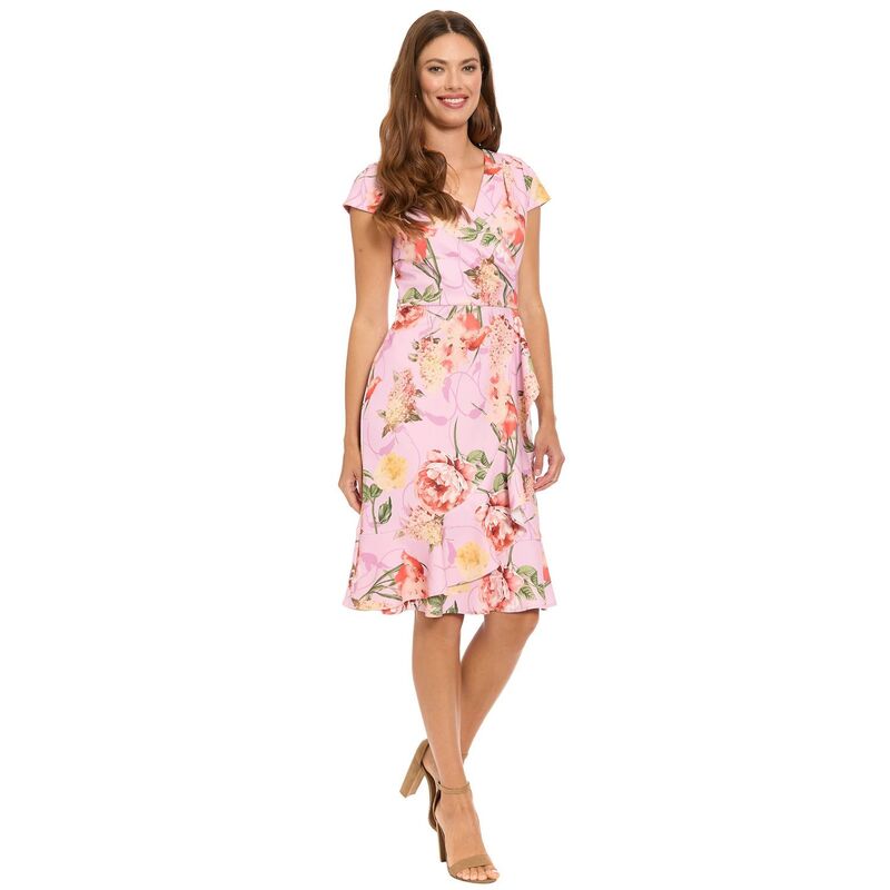 ロンドンタイムス レディース トップス ワンピース フリル キャップ Women's London Times Cap Sleeve Ruffle Wrap Dress with Flounce Hem Pink Coral ピンク