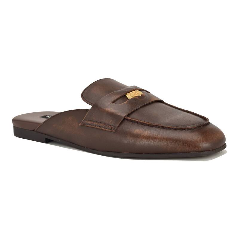 ナインウェスト レディース シューズ サンダル 置き目毛革 Nine West Evans Women\u0027slip-On Penny Loafer Mules Dark Brown Leather 赤銅色