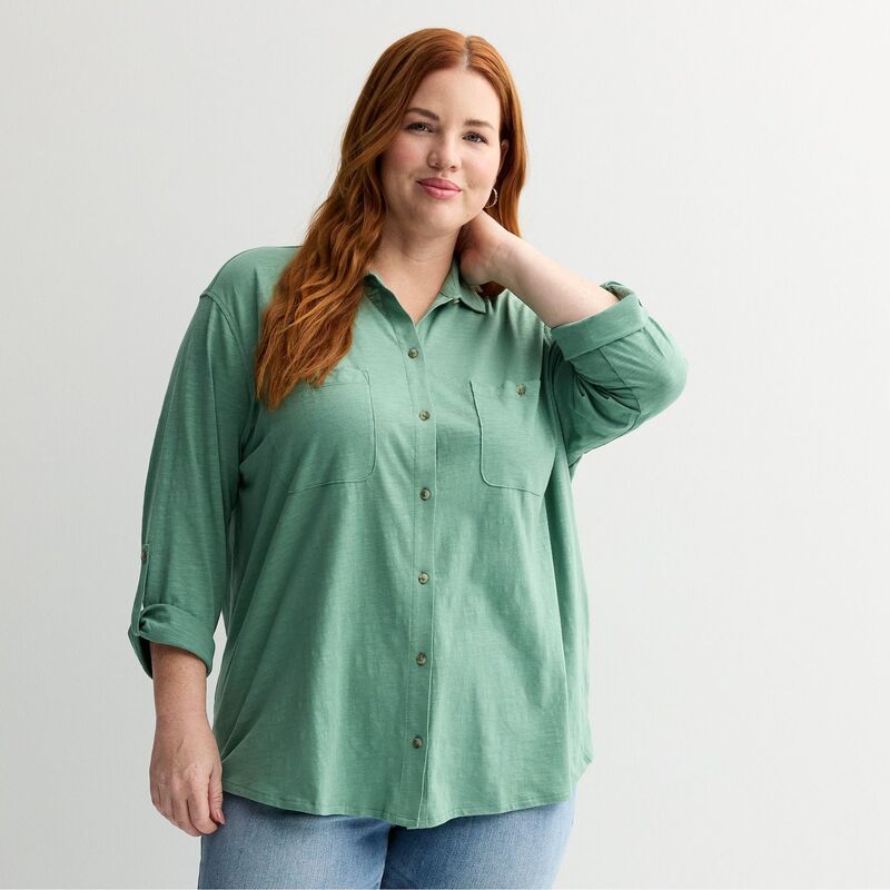 ソノマ レディース トップス シャツ プラスサイズ ニット Plusize Sonoma Goods For Life Button Through Knit Shirt Suede Green グリーン