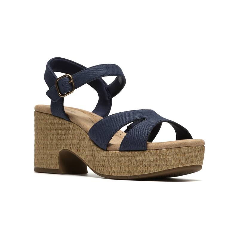 クラークス レディース シューズ サンダル Clarks Nerisa Twist Women\u0027s Wedge Sandals Navy Canvas 米国海軍