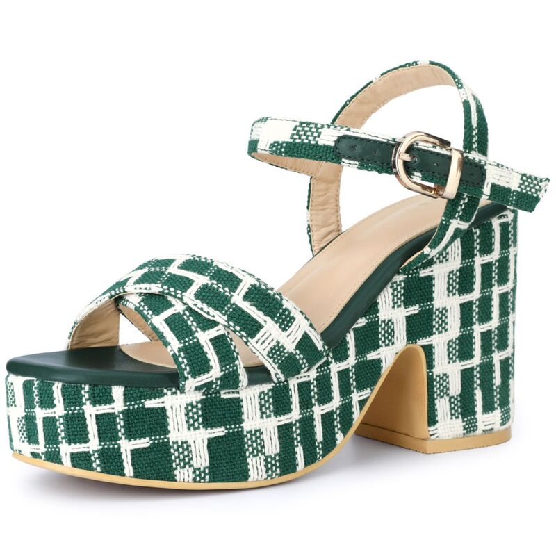 アレグラ ケー レディース シューズ サンダル プラットフォーム ヒール ALLEGRA K Women's Cloth Checkered Pattern Platform Heels Chunky Heel Sandals Green グリーン