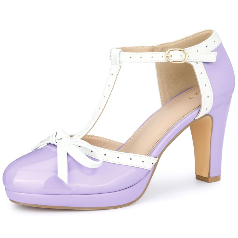 アレグラ ケー レディース シューズ パンプス プラットフォーム ヒール ALLEGRA K Women's Platform Bow Heels T-Strap Chunky Heel Pumps Purple パープル