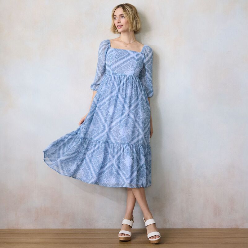 LC Lauren Conrad レディース トップス ワンピース ミディ Women's LC Lauren Conrad Square Neck Puff 3/4 Sleeve Midi Dress Blue Fanchon Scarf ブルー｜ReVida 店 10,380円