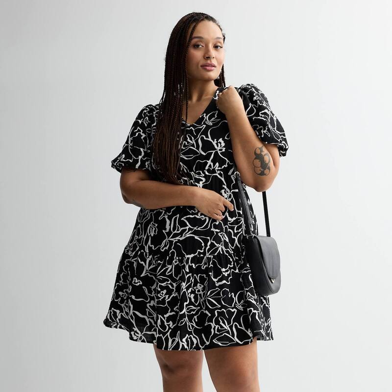 ナインウェスト レディース トップス ワンピース Women\'s Nine West Adaptive Bubble Sleeve Babydoll Dress Black Josefina Floral ブラック｜ReVida 店