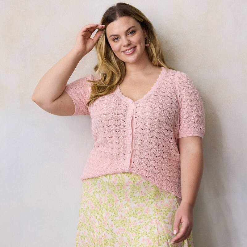 LC Lauren Conrad レディース アウター ニット・セーター Vネック プラスサイズ カーディガン Plusize LC Lauren Conrad Pointelle V-Neck Short Sleeve Cardigan Cupcake Pink ピンク 9,436円