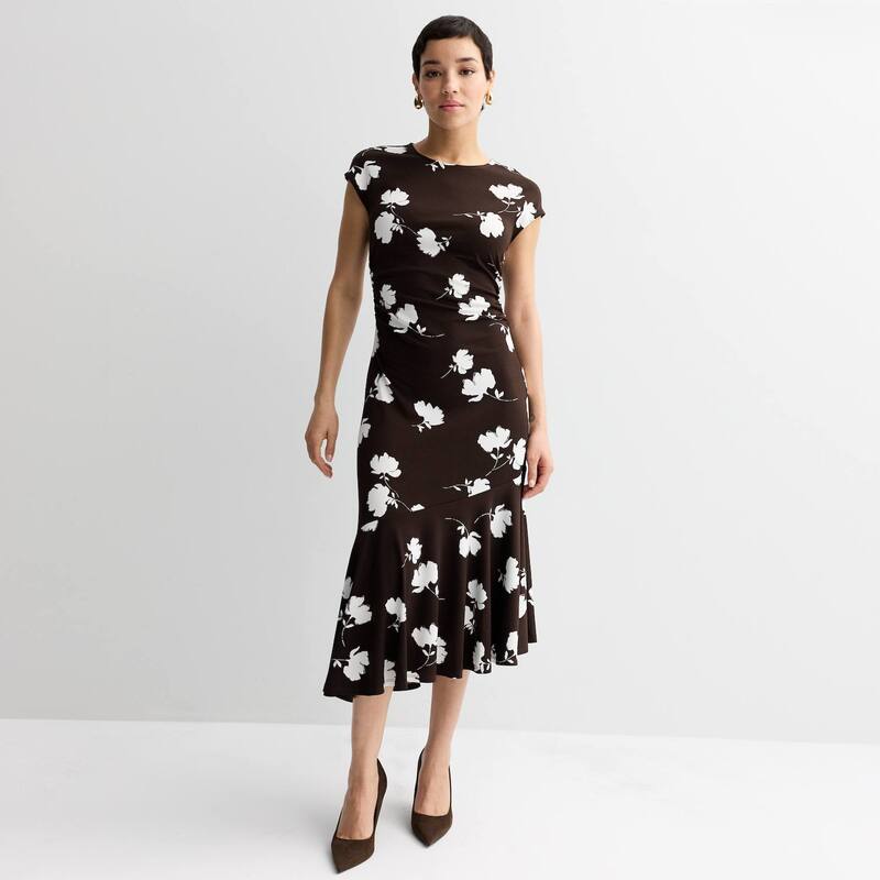 ナインウェスト レディース トップス ワンピース プチ ミディ ニット Petite Nine West Flounce Knit Midi Dress Brown Petra Floral ブラウン