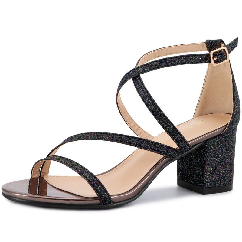 アレグラ ケー レディース シューズ パンプス ヒール ALLEGRA K Women's Open Toe Glitter Crisscrosstrap Block Heels Black ブラック