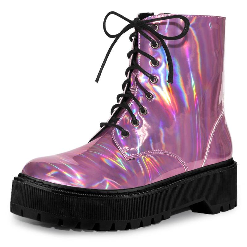 アレグラ ケー レディース シューズ ブーツ・レインブーツ プラットフォーム アンクル レース ALLEGRA K Women's Round Toe Platform Lace Up Colorful Combat Ankle Boots Pink ピンク