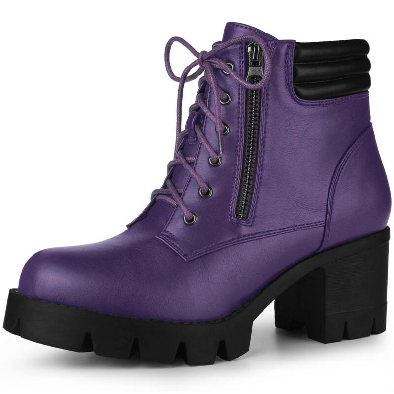 アレグラ ケー レディース シューズ ブーツ・レインブーツ レース ヒール ALLEGRA K Women's Round Toe Chunky Heelace Up Zipper Combat Boots Purple パープル