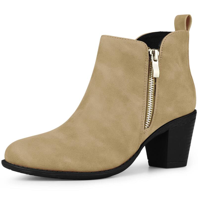 アレグラ ケー レディース シューズ ブーツ・レインブーツ アンクル ヒール ALLEGRA K Women's Low Chunky Heels Zipper Western Ankle Booties Tan タン
