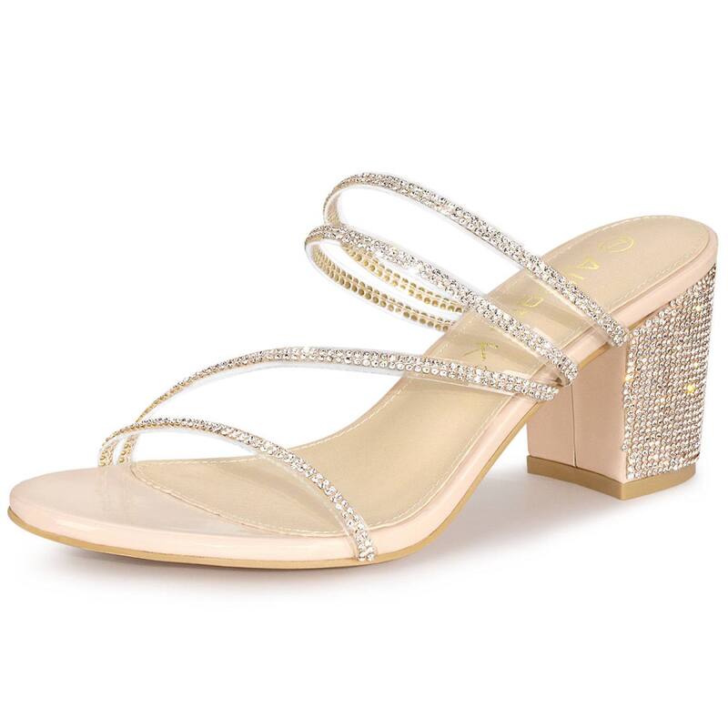 アレグラ ケー レディース シューズ パンプス サンダル ヒール ALLEGRA K Women'strappy Rhinestone Block Heel Slide Sandals Beige ベージュ｜ReVida 店
