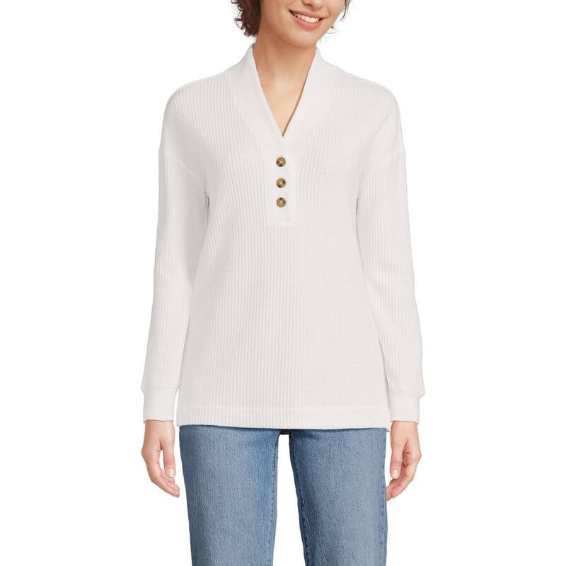 ランズエンド レディース トップス Tシャツ プチ Petite Lands' End Long Sleeve Waffle Shawl Collar Henley Top Ivory アイボリー｜ReVida 店